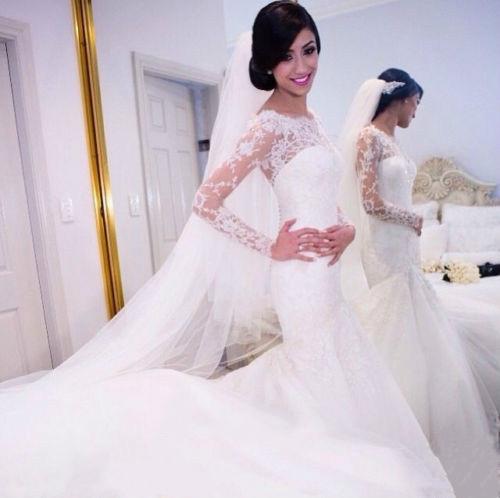 Mariage - Charming Winter 2015 Mermaid Wedding Dresses Lace Sheer Illusion China Vestido De Novia Custom Bridal Gowns Dress Long Sleeve Court Train Online with $132.62/Piece on Hjklp88's Store 
