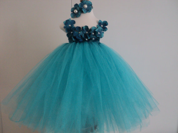 Mariage - Ready to Ship Infant Toddler Flower Girl Wedding Pageant Birthday Turquoise Tutu Dress Hydrangea Petals w/Pearls and Made to Match Headband.