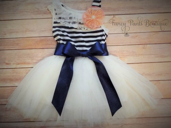 Mariage - Navy White Toddler dress,  Girls Tutu Dress, Vintage Girls Dress,  Flower Girl Dress, Easter Birthday Dress,Rustic Beach Wedding coral