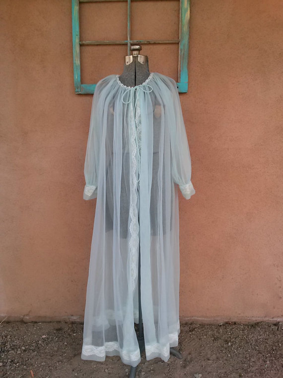 زفاف - Vintage 1960s Peignoir Robe Aqua Blue Medium Large 201579