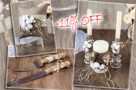 Hochzeit - Rustic Wedding set with ropeivory lace pearl handmade flower natural cotton bumpwhiteUnity candlesSet for cakering bearer pillow