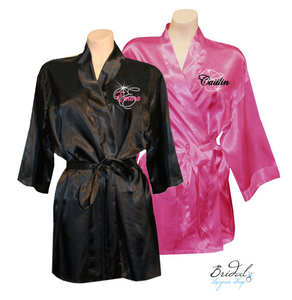 Wedding - Personalized Satin Robes with Embroidered Name and Crystal Initial, Monogrammed Robes, Bridesmaid Robe, Maid of Honor Robe, Bride Robe