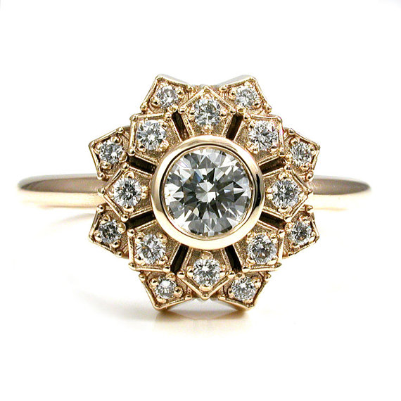 Wedding - Art Deco Engagement Ring - Petal Double Halo 14k Yellow Gold and Diamond Nouveau Wedding Ring