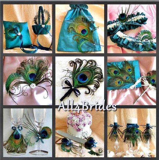 Wedding - Peacock Wedding Teal Ring Pillow, Flower Girl Basket,  guest book, garters, candles, purse, flutes and more16pc ensemble.