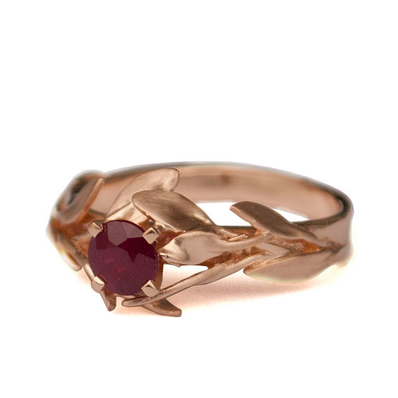 زفاف - Leaves Engagement Ring No.4 - 18K Rose Gold and Ruby engagement ring, engagement ring, leaf ring, antique, art nouveau, July Birthstone