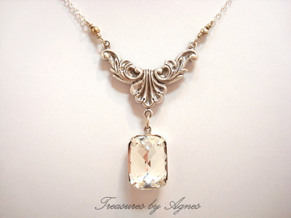 Свадьба - Bridal necklace, wedding jewelry, Vintage style necklace with Swarovski crystal, wedding necklace, bridesmaid jewelry