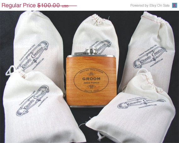 Hochzeit - 15% OFF SALE 5 Groomsmen Flask with Hand Dyed Engraved Leather Wrap - with FREE Engraved Message on Backside!