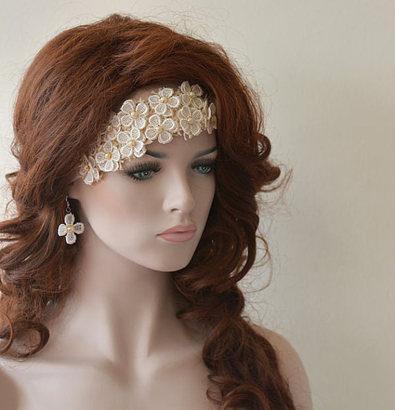Wedding - Rustic Wedding Headband, Bridal Headband, Wedding Hair Accessory, Bridal Hair Accessory, Lace and Pearl