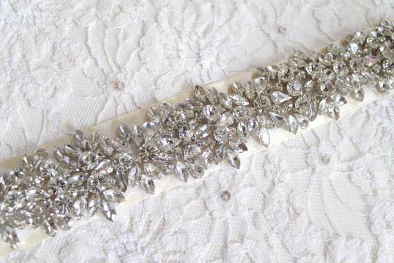 Wedding - Bridal beaded luxury Austrian crystal cluster ribbon sash. Wedding couture rhinestone belt.  CALEDONIA