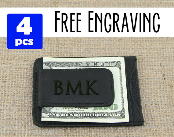 Mariage - Groomsmen Gifts, FOUR PERSONALIZED Custom Engraved Genuine Leather Black Money Clip Wallets - Gifts for Dad, Monogram Wallet MC1