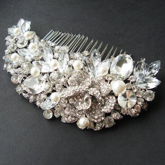 Mariage - Victorian Style Crystal Flower Wedding Bridal Hair Comb, Vintage Style Wedding Bridal Hair Accessories, Pearl Bridal Wedding Comb, MARCELA
