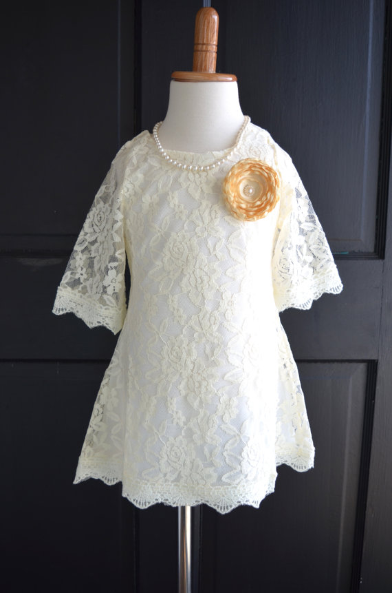 Mariage - Champagne Ivory Lace Flower Girl Dress, Lace dress,  Wedding dress, bridesmaid dress,  Vintage Style Dress Shabby chic