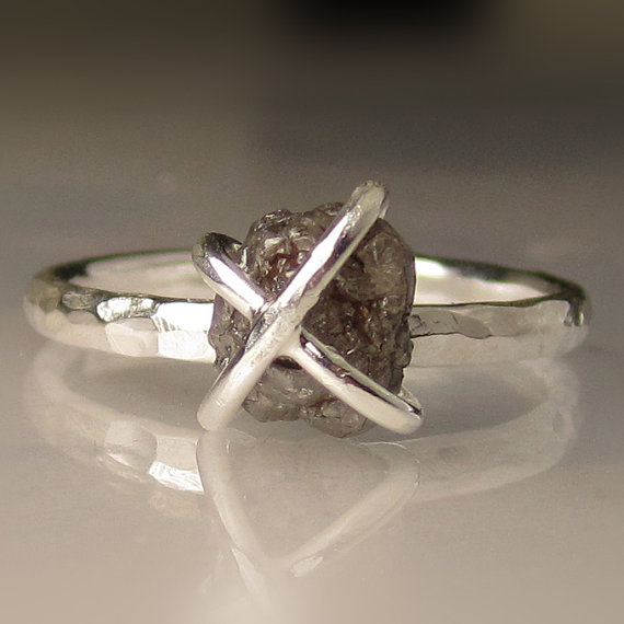 Wedding - Rough Diamond Engagement Ring - Caged Diamond in Recycled Sterling Silver