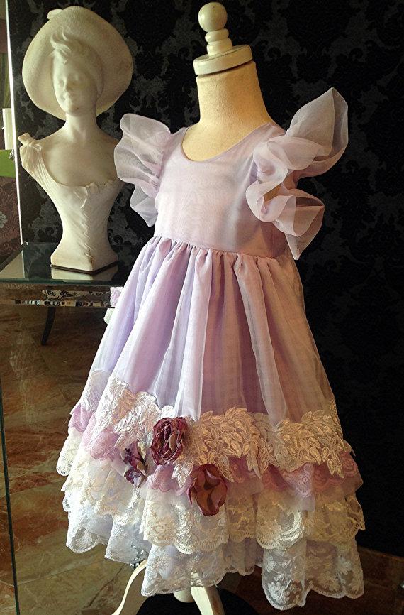 Hochzeit - Easter Sunday Pale Lavender and white vintage lace embellished dress by Rosanna Hope for Babybonbons Tea Party, flower girl dress, birthday
