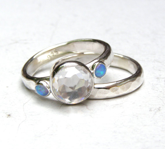 زفاف - Set Engagement Ring and wedding band -Topaz stone and opal - Recycled fine silver sterling ring Similar  diamond stone