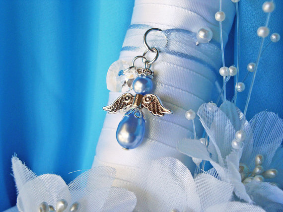 Hochzeit - Something Blue Wedding Bouquet Charm Swarovski Crystal Pearl Angel Bridal Gift