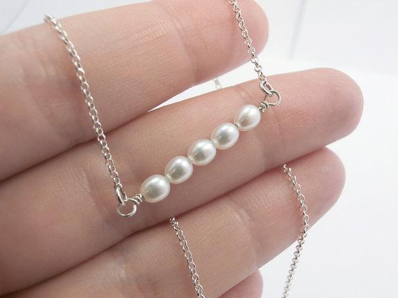 Hochzeit - Pearl Bar Necklace, Horizontal  Bar, Chain, Sterling Silver -  Mother gift, Anniversary, Wedding, Bridesmaid Gift, Delicate Fine Jewelry