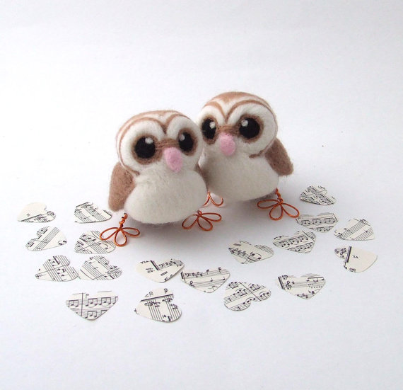 Wedding - Needle Felted Owl Wedding Cake Topper Barn Owl Pair in soft Browns With Heart shaped Face Felt Birds