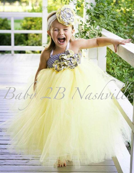 Mariage - Wedding Flower Girl Dress, Yellow Flower Girl,  Tutu Dress ,  Flower Girl Dress in Yellow and Grey With Handmade Cabbage Roses 2-4T