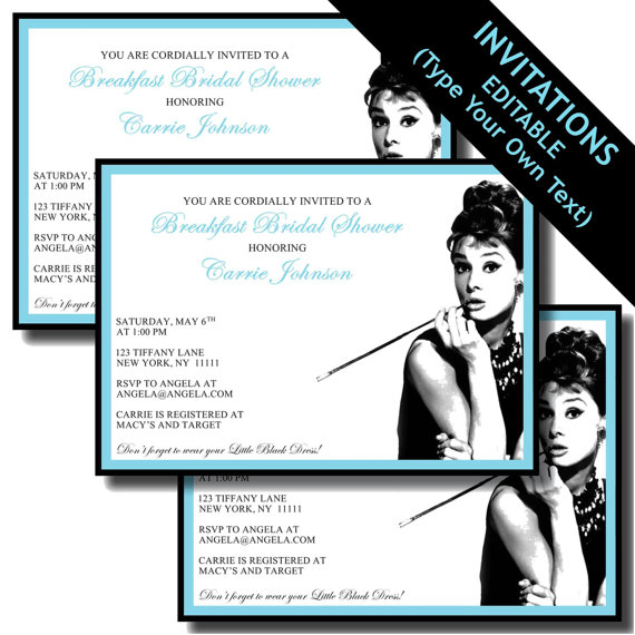 Wedding - Breakfast at Tiffany's Printable Invitations and Party Supplies - Audrey Hepburn, Bridal Shower, Birthday Party - EDITABLE INSTANT DOWNLOAD