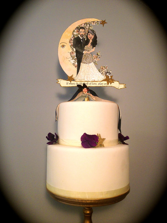 Hochzeit - Wedding Cake Topper - Custom Illustrated - Hand Painted  - Vintage Details
