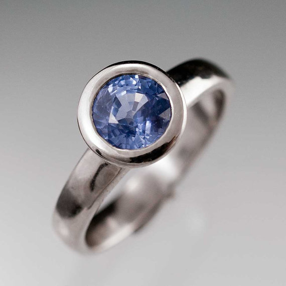 زفاف - Round Blue Sapphire Ring, Bezel Set Solitaire Engagement Ring in Palladium, Sapphire Engagement Ring, Ready To Ship Size 5.5 to 8