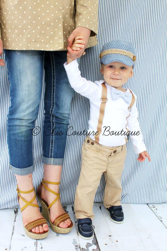 Wedding - Baby Boy Easter Spring Bow Tie & Suspender Bodysuit. Baby Blue Seersucker, Wedding, 1st First Birthday Outfit,Tan Suspenders Ring Bearer Tie