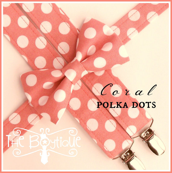 زفاف - Coral Bow Tie and Suspenders:  Boys Coral Suspenders, Polka Dot Bow Tie, Toddler Suspenders, Salmon, Coral Polka Dot, Ring Bearer