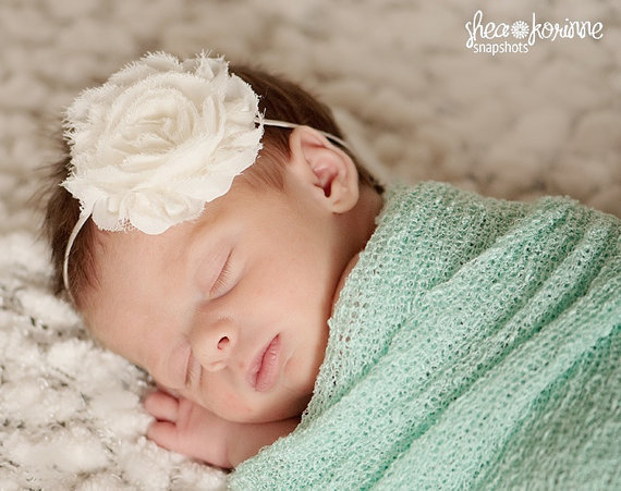زفاف - Baby Headband - Newborn Headband - Ivory Shabby Chic Chiffon Rosette Skinny Headband - Baby Photography Prop Wedding Flower Girl
