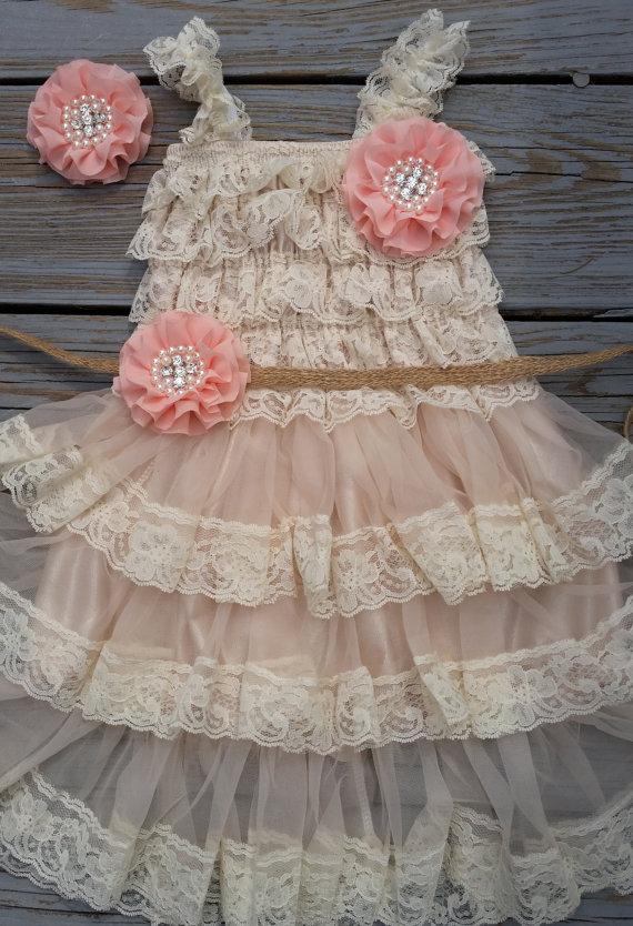Mariage - Country Flower Girl Dress-Rustic Flower Girl Outfit-Peach Flower Girl Dress-Country Wedding-Peach-Salmon Flower Girl Dress-Shabby Chic Dress