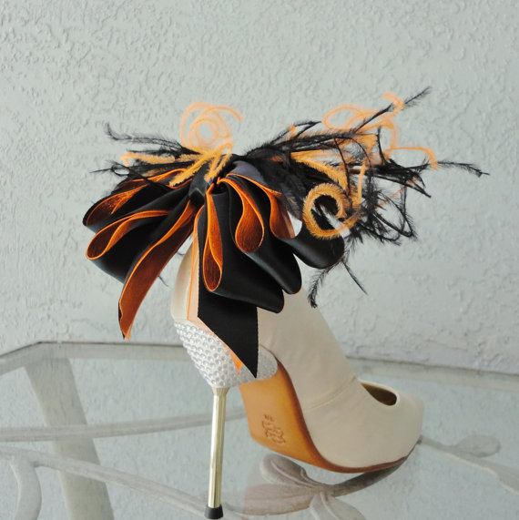 زفاف - Wedding, Bridal, Sexy Black And Orange Satin Ribbon Bow And Ostrich Feather Shoe Clips