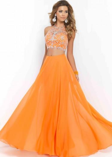 Hochzeit - Fashion Cheap Halter High Neck Two Piece Beaded Chiffon Tangerine Evening Gown