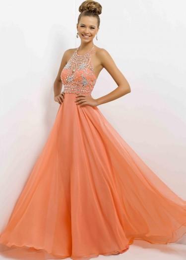 Hochzeit - Fashion Cheap Halter Straps Illusion Beaded Chiffon Coral Evening Dress