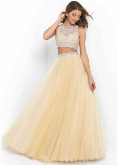 Mariage - Fashion Cheap High Illusion Neck Two Piece Beaded Sand Prom Dress $250.00