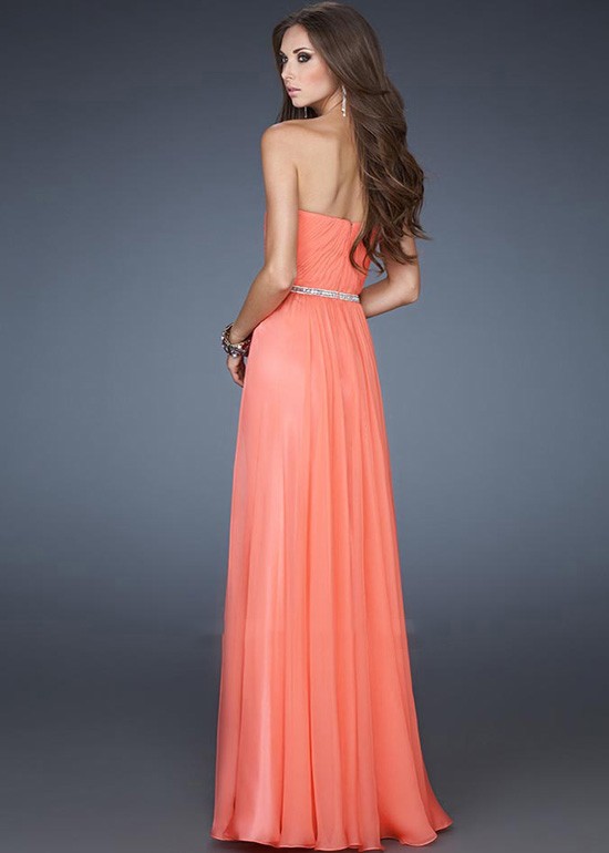 Hochzeit - Cheap Hot Coral Strapless Chiffon Long Prom Dress With Belted Waist