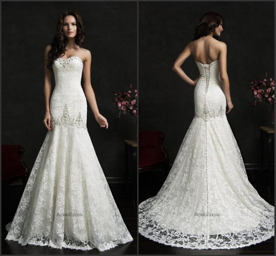 Hochzeit - High Quality Lace Wedding Dresses Beads Sheer Lace Up Back 2015 Spring Amelia Sposa New Designer Mermaid Chapel Bridal Gowns Custom Made Online with $118.53/Piece on Hjklp88's Store 