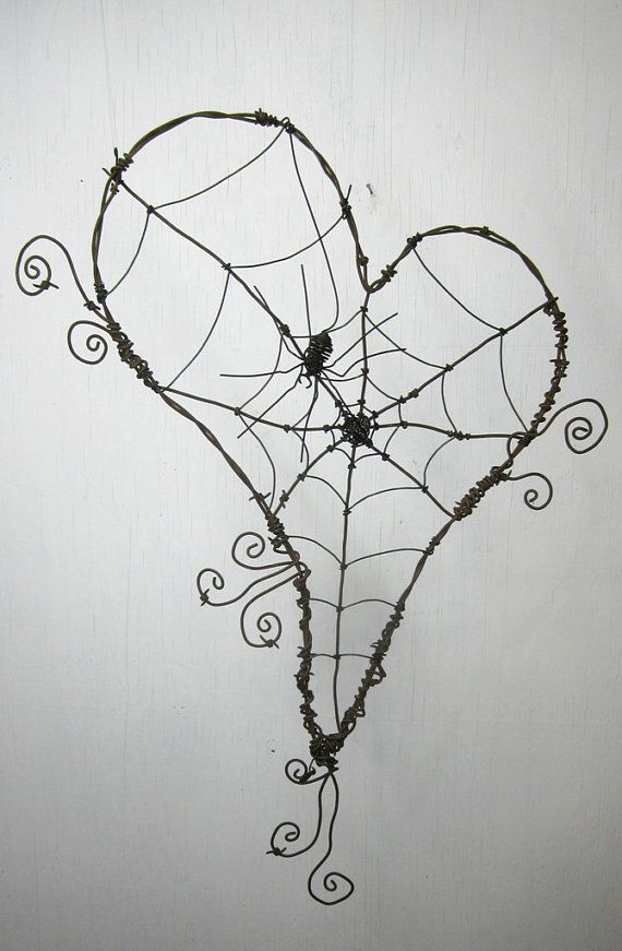زفاف - Wonky Barbed Wire Heart With Spider Web And Spider Made To Order