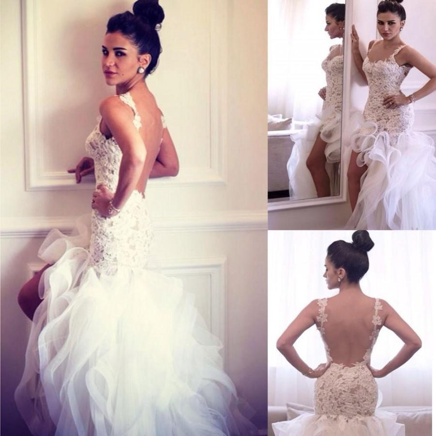 زفاف - Sexy 2015 High Low Wedding Dresses Mermaid Cascading Ruffle Tiers Organza Spring Lace Spaghetti Applique Bridal Gowns Backless Custom Made Online with $120.14/Piece on Hjklp88's Store 