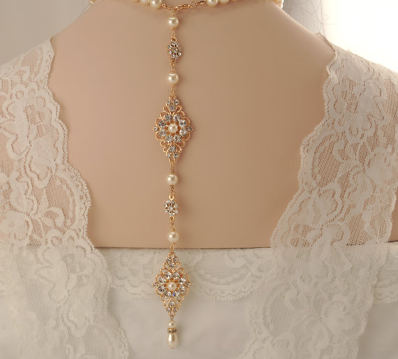 Свадьба - Bridal back drop necklace-Rose gold Swarovski crystal bridal backdrop necklace-Wedding necklace-Wedding jewelry-Rose gold bridal necklace