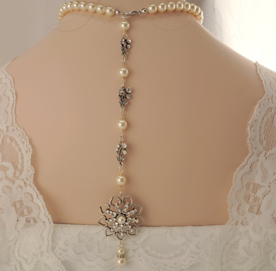 Mariage - Bridal back drop necklace -Vintage inspired art deco Swarovski crystal rhinestone bridal back drop necklace -Wedding jewelry -Pearl necklace