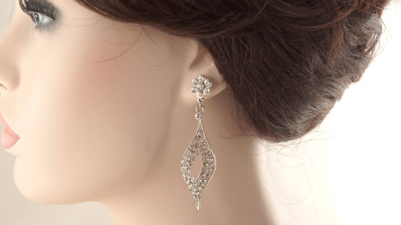 Hochzeit - Bridal earrings-Vintage inspired art deco earrings-Swarovski crystal rhinestone navette earrings-Antique silver earrings-Vintage wedding