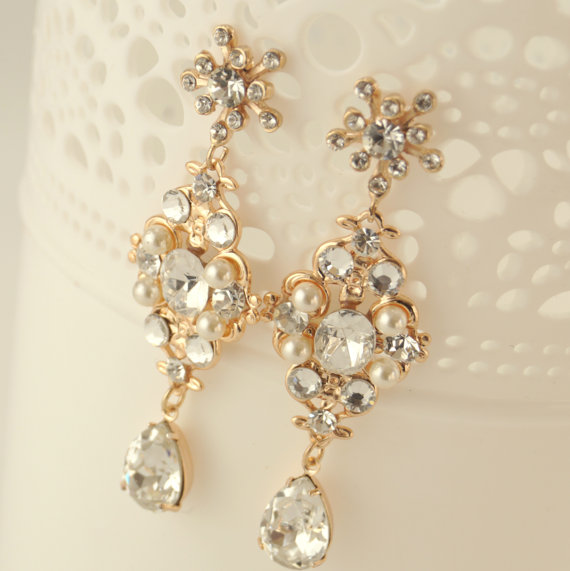 Mariage - Rose gold dangle earrings-Rose gold bridal earrings-Rose gold art deco rhinestone Swaroski crystal earrings - Wedding jewelry