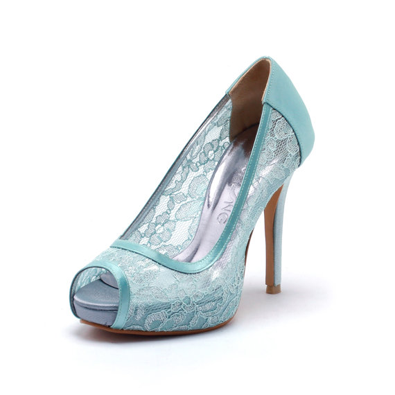 Свадьба - Sweet Memory, Tiffany Blue Lace Wedding Shoes,Tiffany Blue Bridal Heels,Tiffany Blue Satin See Through Lace Peep Toe Pumps