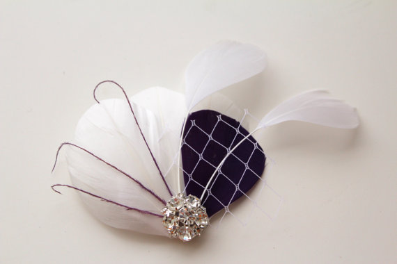 Свадьба - Wedding Bridal White Eggplant Plum Purple Feather Rhinestone Jewel Veiling Head Piece Hair Clip Fascinator READY TO SHIP