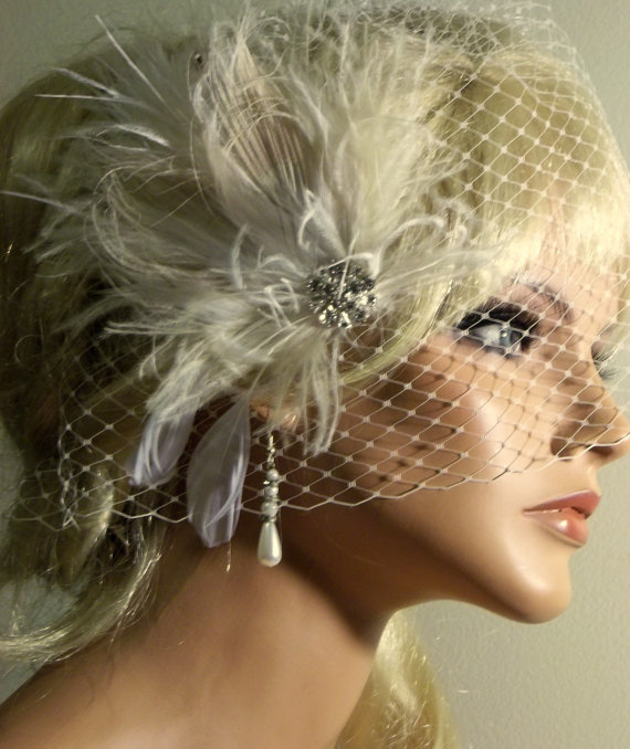 Wedding - Wedding Fascinator, Bridal Veil, 2 Pc Set, Feather Fascinator, Wedding Hair Clip, Great Gatsby, Vintage Style, Wedding Veil, Rhinestone