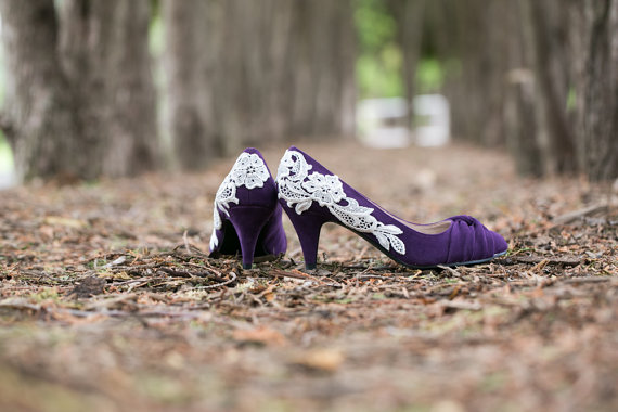 Hochzeit - Wedding Shoes - Purple Shoes/Purple Heels/Bridal Shoes, Purple Heels with Ivory Lace. US Size 6