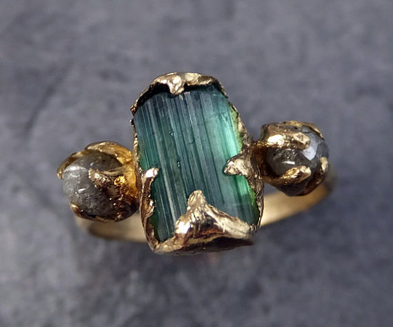 Wedding - Raw green Tourmaline Diamond Gold Engagement Ring Wedding Ring Custom One Of a Kind Gemstone Ring Bespoke Three stone Ring byAngeline