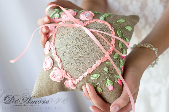 Свадьба - Boho chik wedding ring pillow Rustic Burlap bearer pillow ivory lace handmade embroidery ribbons pink rose