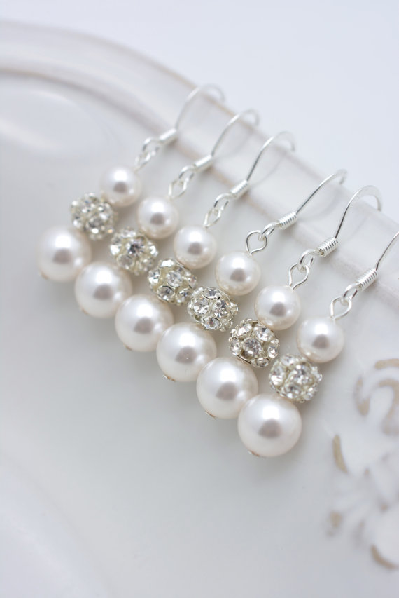 زفاف - 6 Pairs Pearl and Rhinestone Earrings, 6 Pairs Bridesmaid Earrings, Long Pearl Earrings, Pearl Dangle Earrings, Bridesmaid Gifts 0151