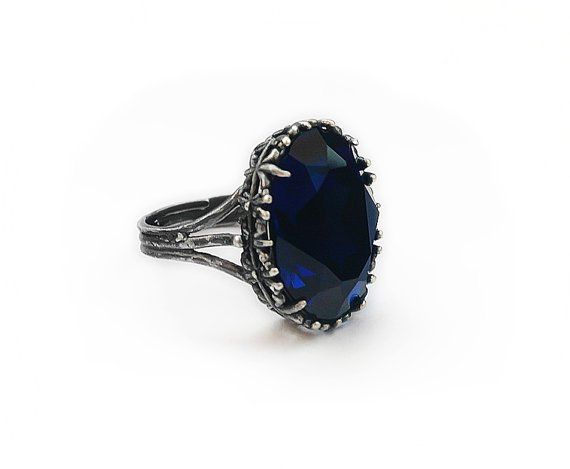 زفاف - Blue Swarovski Ring Dark Indigo Ring Silver Ring Adjustable Ring Gothic Ring indigo Jewelry blue ring engagement ring cocktail ring